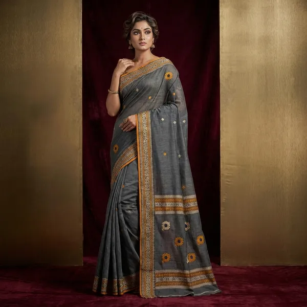 Self_Woven_Stripes_Premium_Quality_Bengal_Handloom_Cotton_Saree_In_Charcoal_Black_Mustard_Golden_And_Beige