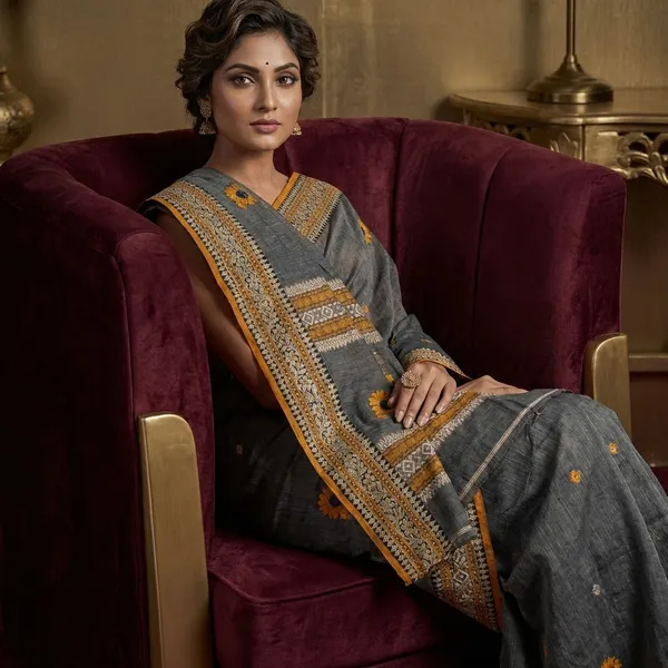 Self_Woven_Stripes_Premium_Quality_Bengal_Handloom_Cotton_Saree_In_Charcoal_Black_Mustard_Golden_And_Beige