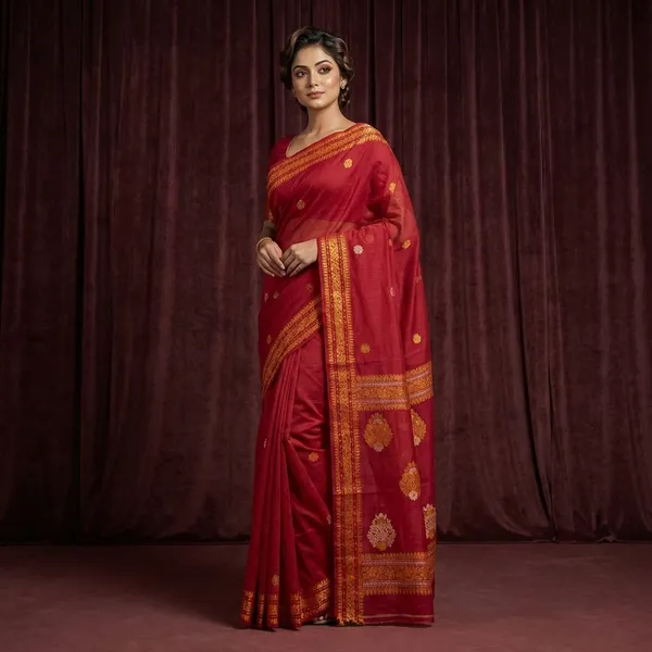 Premium_Quality_Bengal_Handloom_Cotton_Saree_In_Maroon_Mustard_Golden_And_Beige