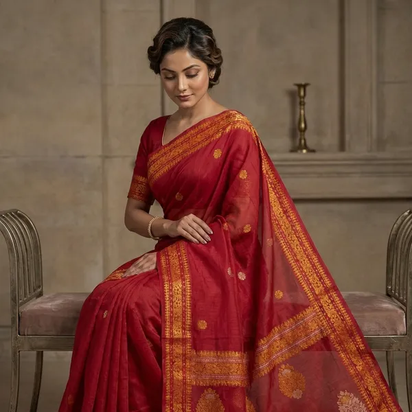 Premium_Quality_Bengal_Handloom_Cotton_Saree_In_Maroon_Mustard_Golden_And_Beige