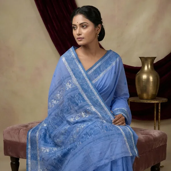 Bengal_Handloom_Cotton_Baluchari_Saree_In_Havelock_Blue_Navy_Blue_And_Off_White