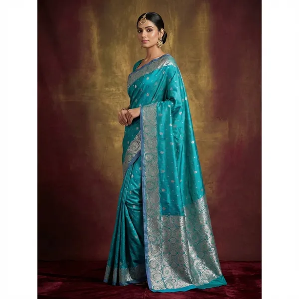 Jamawar_Satin_Tan_Chui_Katan_Silk_Saree_In_Teal_Green_And_Natural_Green