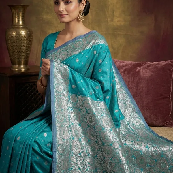 Jamawar_Satin_Tan_Chui_Katan_Silk_Saree_In_Teal_Green_And_Natural_Green