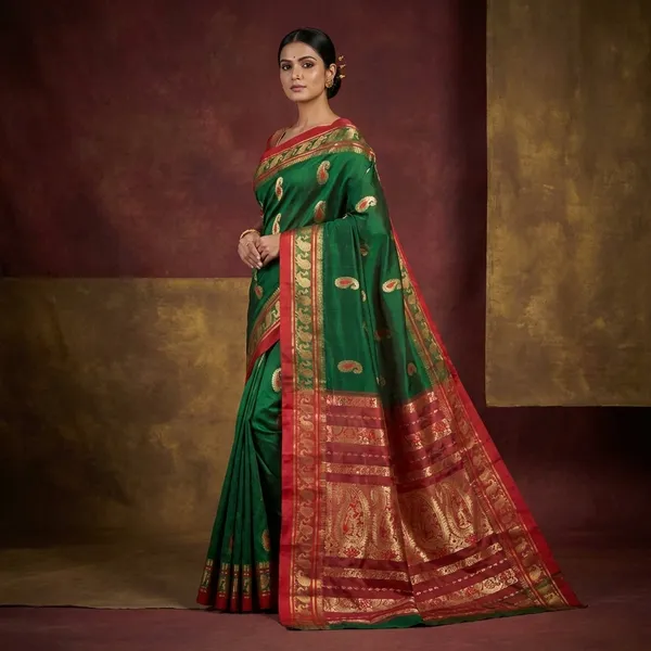 Traditional_Bishnupuri_Swarnachari_Pure_Silk_Saree_In_Dark_Emerald_Green_Dark_Red_And_Matt_Gold