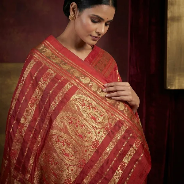 Traditional_Bishnupuri_Swarnachari_Pure_Silk_Saree_In_Dark_Emerald_Green_Dark_Red_And_Matt_Gold