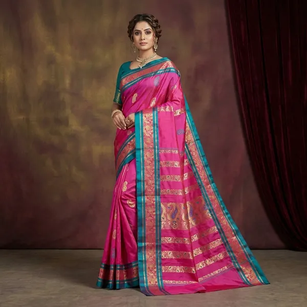 Traditional_Bishnupuri_Swarnachari_Pure_Silk_Saree_In_Persian_Rose_Dark_Cyan_And_Matt_Gold