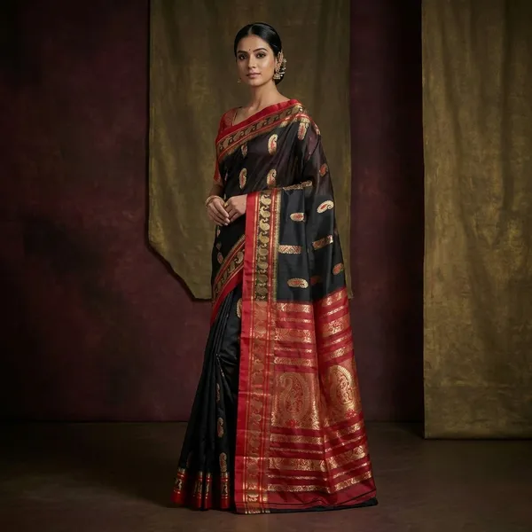 Traditional_Bishnupuri_Swarnachari_Pure_Silk_Saree_In_Black_Dark_Red_And_Matt_Gold