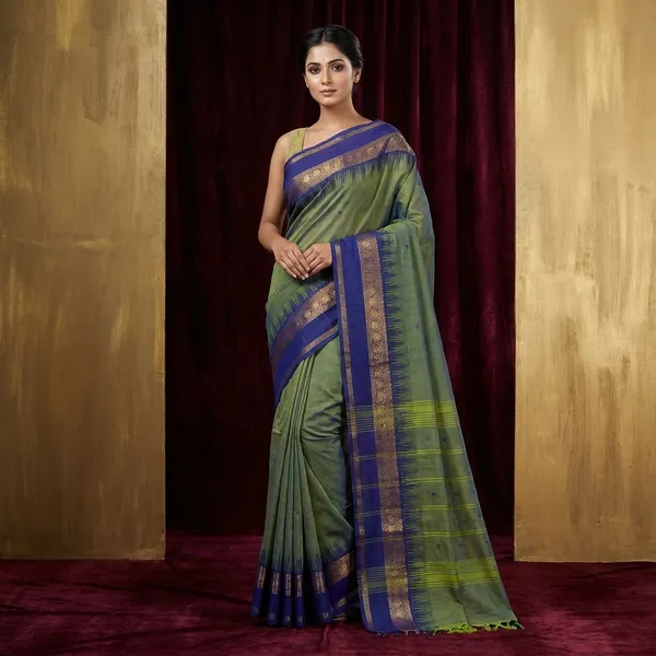 Traditional_Premium_Quality_Hand_Woven_Step_Temple_Nakshi_Border_South_Cotton_Gadwal_Saree_In_Rangoon_Green_And_Royal_Blue