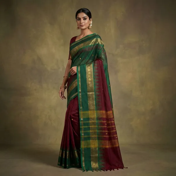 Traditional_Premium_Quality_Hand_Woven_Step_Temple_Nakshi_Border_South_Cotton_Gadwal_Saree_In_Maroon_And_Mineral_Green