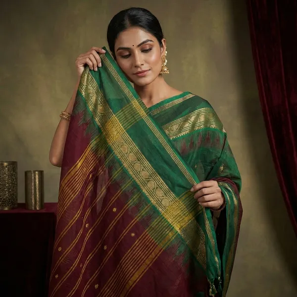 Traditional_Premium_Quality_Hand_Woven_Step_Temple_Nakshi_Border_South_Cotton_Gadwal_Saree_In_Maroon_And_Mineral_Green