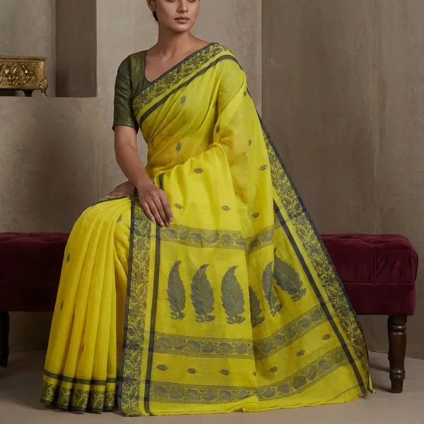 Bengal_Handloom_Cotton_Bomkai_Leaf_And_Floral_Nakshi_Work_Saree_In_Bright_Yellow_And_Black