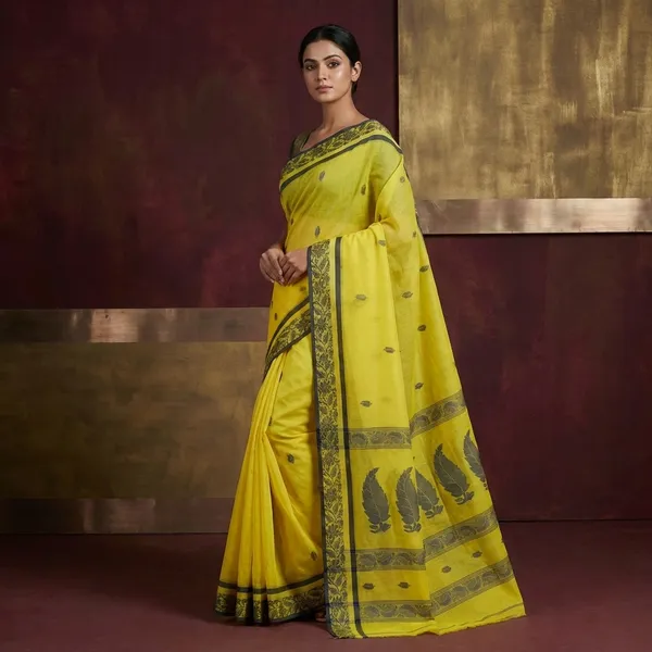 Bengal_Handloom_Cotton_Bomkai_Leaf_And_Floral_Nakshi_Work_Saree_In_Bright_Yellow_And_Black