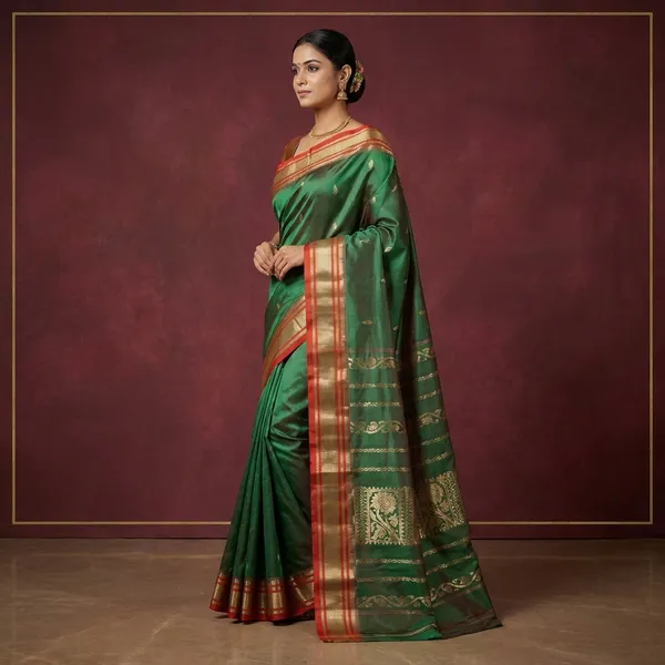 Bishnupuri_Paisely_Nakshi_Butta_Work_Pure_Katan_Silk_Saree_In_Clove_Green_Portland_Orange_And_Matt_Gold