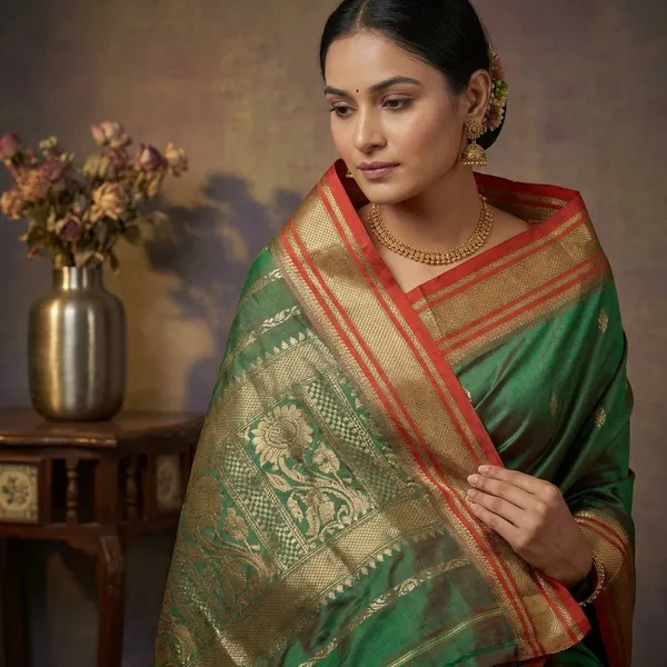 Bishnupuri_Paisely_Nakshi_Butta_Work_Pure_Katan_Silk_Saree_In_Clove_Green_Portland_Orange_And_Matt_Gold