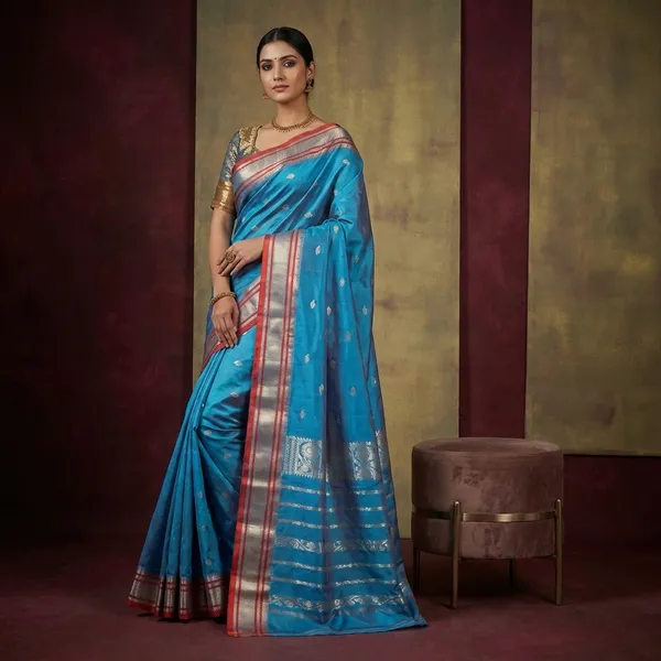 Bishnupuri_Paisely_Nakshi_Butta_Work_Pure_Katan_Silk_Saree_In_Turquoise_Blue_Portland_Orange_And_Matt_Gold