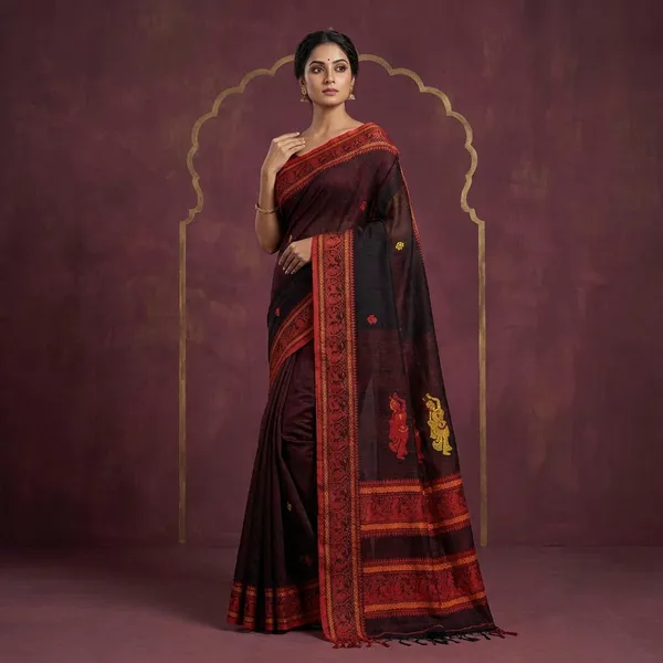 Premium_Quality_Double_Warp_Matka_Tussar_Baluchari_Silk_Saree_In_Black_Red_Yellow_And_Orange