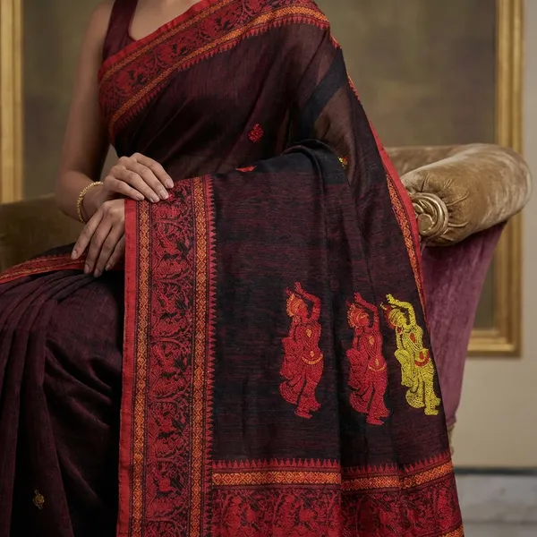 Premium_Quality_Double_Warp_Matka_Tussar_Baluchari_Silk_Saree_In_Black_Red_Yellow_And_Orange