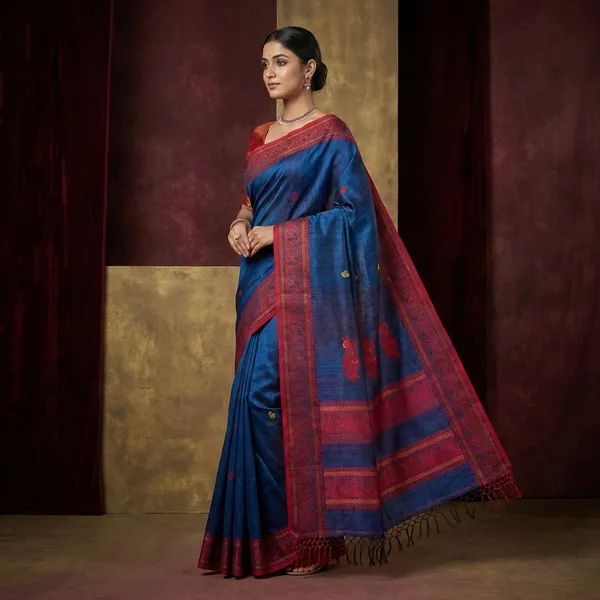 Premium_Quality_Double_Warp_Matka_Tussar_Baluchari_Silk_Saree_In_Sapphire_Blue_Red_Yellow_And_Orange