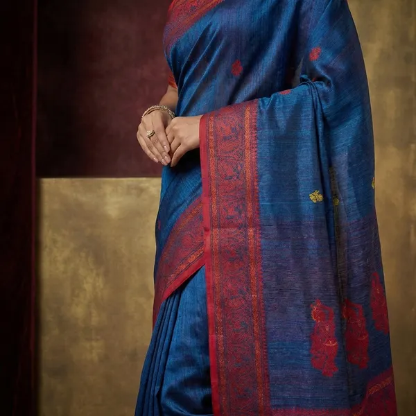 Premium_Quality_Double_Warp_Matka_Tussar_Baluchari_Silk_Saree_In_Sapphire_Blue_Red_Yellow_And_Orange