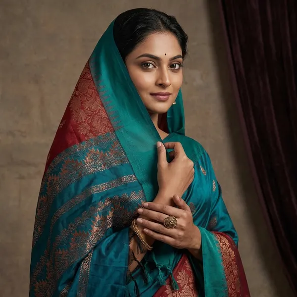 Soft_South_Cotton_Borderless_Pencil_Temple_Motifs_Gadwal_Saree_In_Vivid_Burgundy_And_Bright_Teal_Green