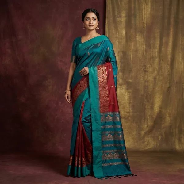 Soft_South_Cotton_Borderless_Pencil_Temple_Motifs_Gadwal_Saree_In_Vivid_Burgundy_And_Bright_Teal_Green