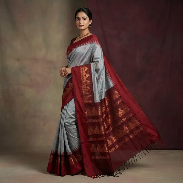 Soft_South_Cotton_Borderless_Pencil_Temple_Motifs_Gadwal_Saree_In_Light_Grey_And_Maroon