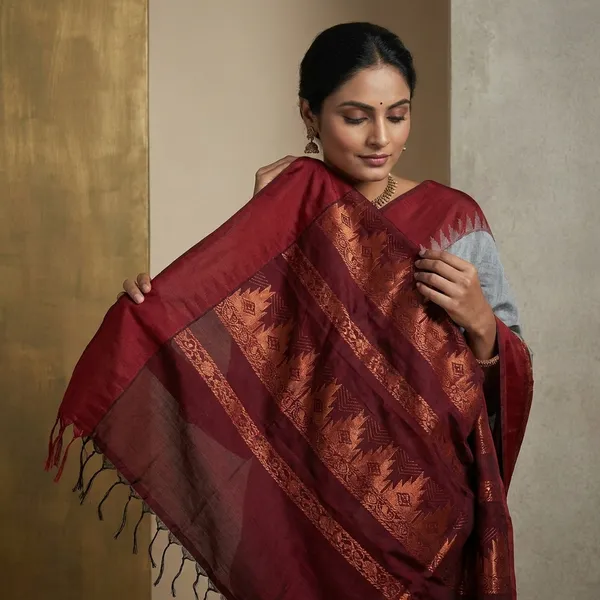 Soft_South_Cotton_Borderless_Pencil_Temple_Motifs_Gadwal_Saree_In_Light_Grey_And_Maroon
