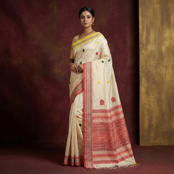 Premium_Quality_Tussar_Silk_Nakshi_Work_Saree_In_Off_White_Red_Yellow_And_Multicolor
