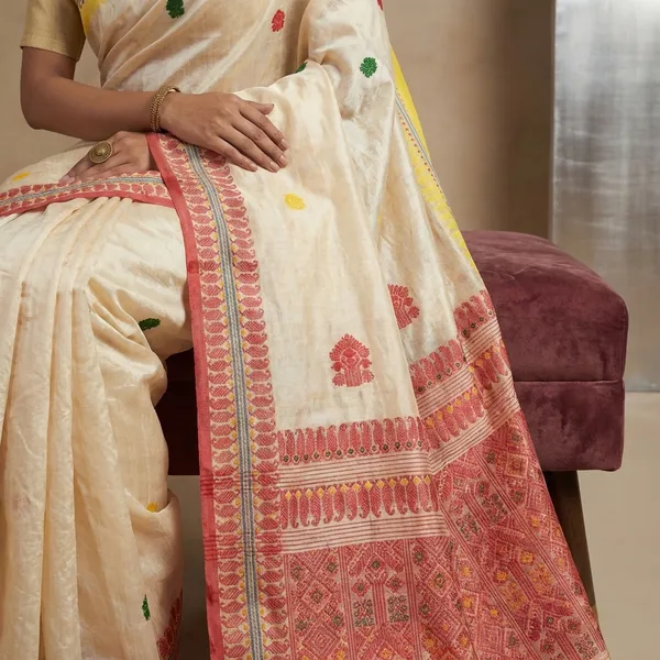 Premium_Quality_Tussar_Silk_Nakshi_Work_Saree_In_Off_White_Red_Yellow_And_Multicolor