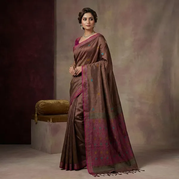 Premium_Quality_Tussar_Silk_Nakshi_Work_Saree_In_Otter_Brown_Burnt_Pink_And_Multicolor