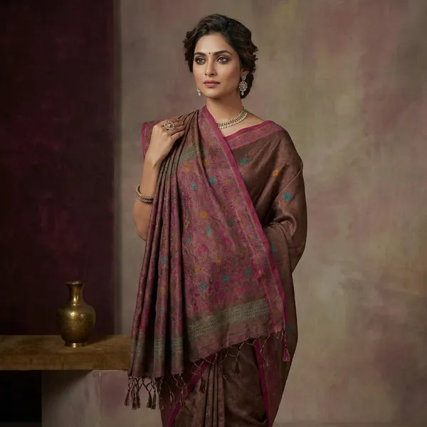 Premium_Quality_Tussar_Silk_Nakshi_Work_Saree_In_Otter_Brown_Burnt_Pink_And_Multicolor