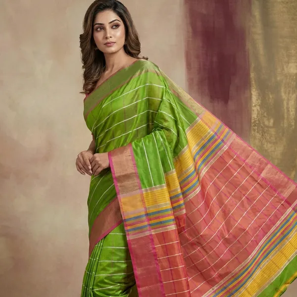 Hand_Woven_Bishnupuri_Checks_Katan_Silk_Saree_In_Dark_Lime_Green_Tomato_Red_And_Corn_Yellow