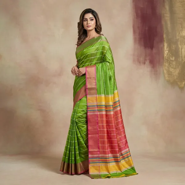 Hand_Woven_Bishnupuri_Checks_Katan_Silk_Saree_In_Dark_Lime_Green_Tomato_Red_And_Corn_Yellow