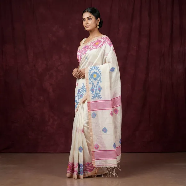 Premium_Quality_Woven_Needle_Karat_Nakshi_Work_Pure_Matka_Silk_Jamdani_Saree_In_Off_White_Hot_Pink_French_Blue_And_Antique_Golden
