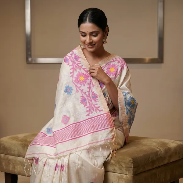 Premium_Quality_Woven_Needle_Karat_Nakshi_Work_Pure_Matka_Silk_Jamdani_Saree_In_Off_White_Hot_Pink_French_Blue_And_Antique_Golden