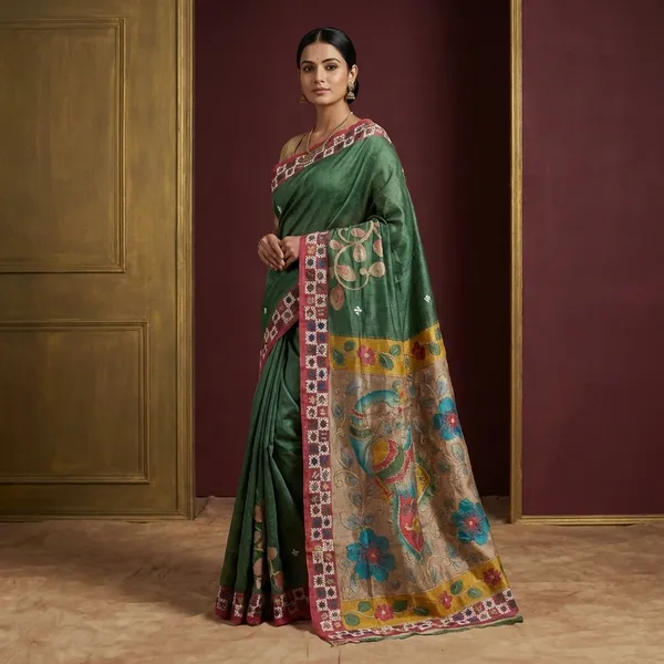 Premium_Quality_Tussar_Kalamkari_Silk_Saree_With_Hand_Kantha_And_Kutch_Work_In_Cactus_Green_Red_And_Multicolor