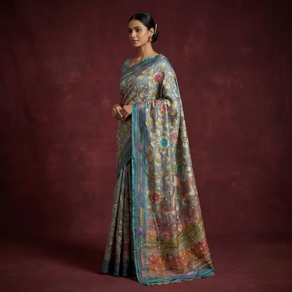 Premium_Quality_Tussar_Kalamkari_Silk_Saree_With_Hand_Kantha_And_Lambani_Work_In_Gull_Grey_Glacial_Blue_And_Multicolor