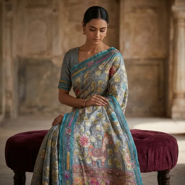 Premium_Quality_Tussar_Kalamkari_Silk_Saree_With_Hand_Kantha_And_Lambani_Work_In_Gull_Grey_Glacial_Blue_And_Multicolor