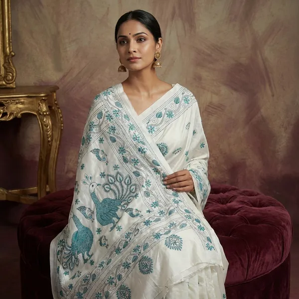 Hand_Embroidery_Kantha_Stitch_Work_Blended_Silk_Saree_In_White_Black_And_Rama_Green