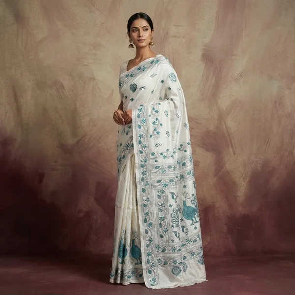 Hand_Embroidery_Kantha_Stitch_Work_Blended_Silk_Saree_In_White_Black_And_Rama_Green