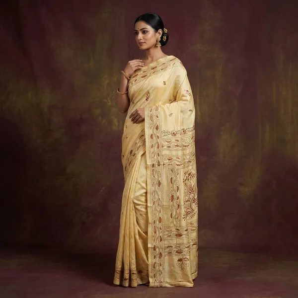 Hand_Embroidery_Kantha_Stitch_Work_Blended_Silk_Saree_In_Buttermilk_Black_Beige_And_Brown