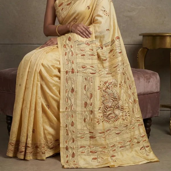 Hand_Embroidery_Kantha_Stitch_Work_Blended_Silk_Saree_In_Buttermilk_Black_Beige_And_Brown
