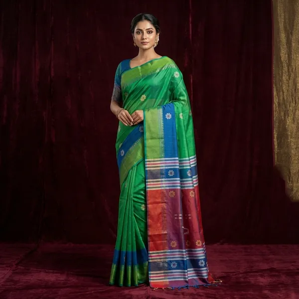 Hand_Woven_Bishnupuri_Kalakshetra_Katan_Silk_Saree_In_Leafy_Green_Tory_Blue_And_Terracotta_Red