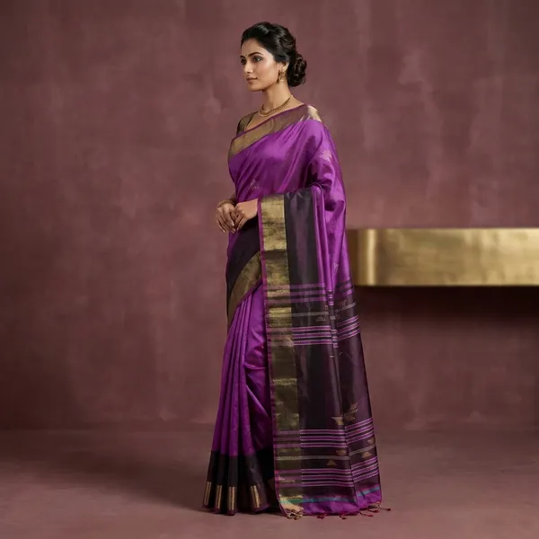 Hand_Woven_Bishnupuri_Kalakshetra_Katan_Silk_Saree_In_Puprle_Off_White_Parmesan_And_Dark_Byzantium