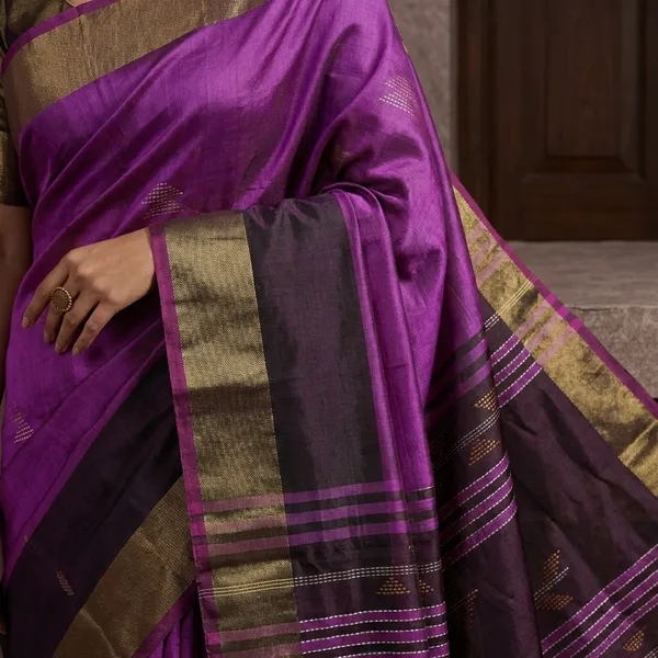 Hand_Woven_Bishnupuri_Kalakshetra_Katan_Silk_Saree_In_Puprle_Off_White_Parmesan_And_Dark_Byzantium