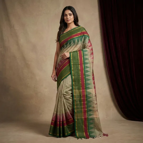 Traditional_Premium_Quality_Hand_Woven_Step_Temple_Ganga_Jamuna_Border_South_Cotton_Gadwal_Saree_In_Pixie_Green_Espresso_And_Palm_Green