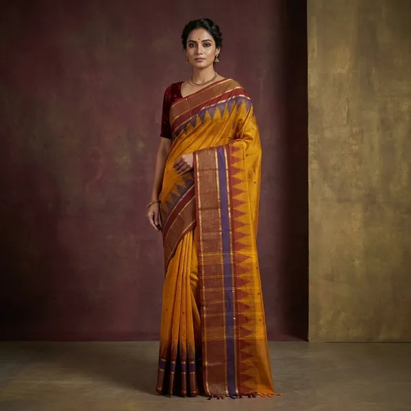 Traditional_Premium_Quality_Hand_Woven_Step_Temple_Ganga_Jamuna_Border_South_Cotton_Gadwal_Saree_In_Chrome_Yellow_Burnt_Umber_And_Navy_Blue