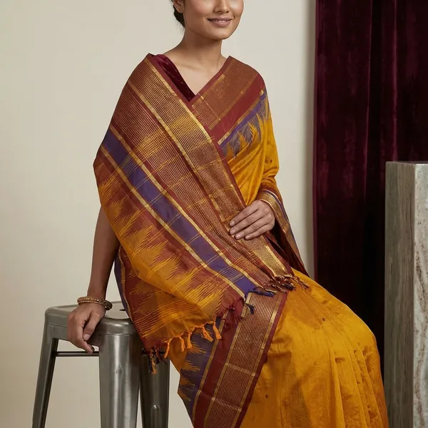 Traditional_Premium_Quality_Hand_Woven_Step_Temple_Ganga_Jamuna_Border_South_Cotton_Gadwal_Saree_In_Chrome_Yellow_Burnt_Umber_And_Navy_Blue