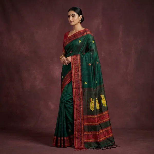 Premium_Quality_Double_Warp_Matka_Tussar_Baluchari_Silk_Saree_In_Bottle_Green_Red_Yellow_And_Orange