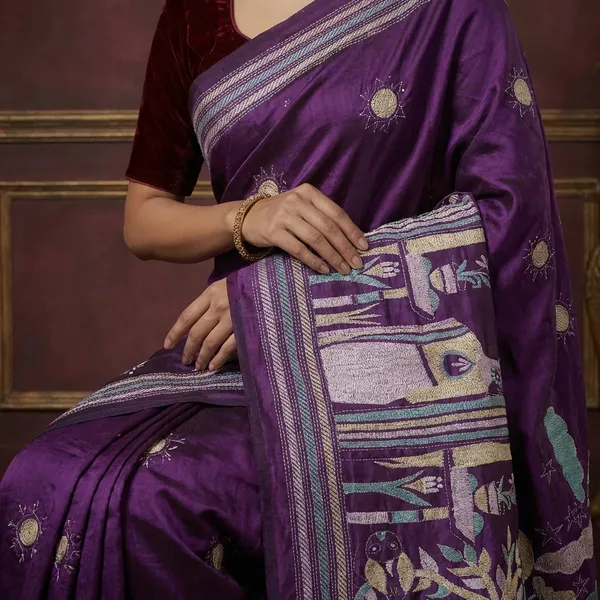 Hand_Embroidery_Kantha_Stitch_Work_Pure_Silk_Saree_In_Purple_Vanilla_Cyan_And_Off_White